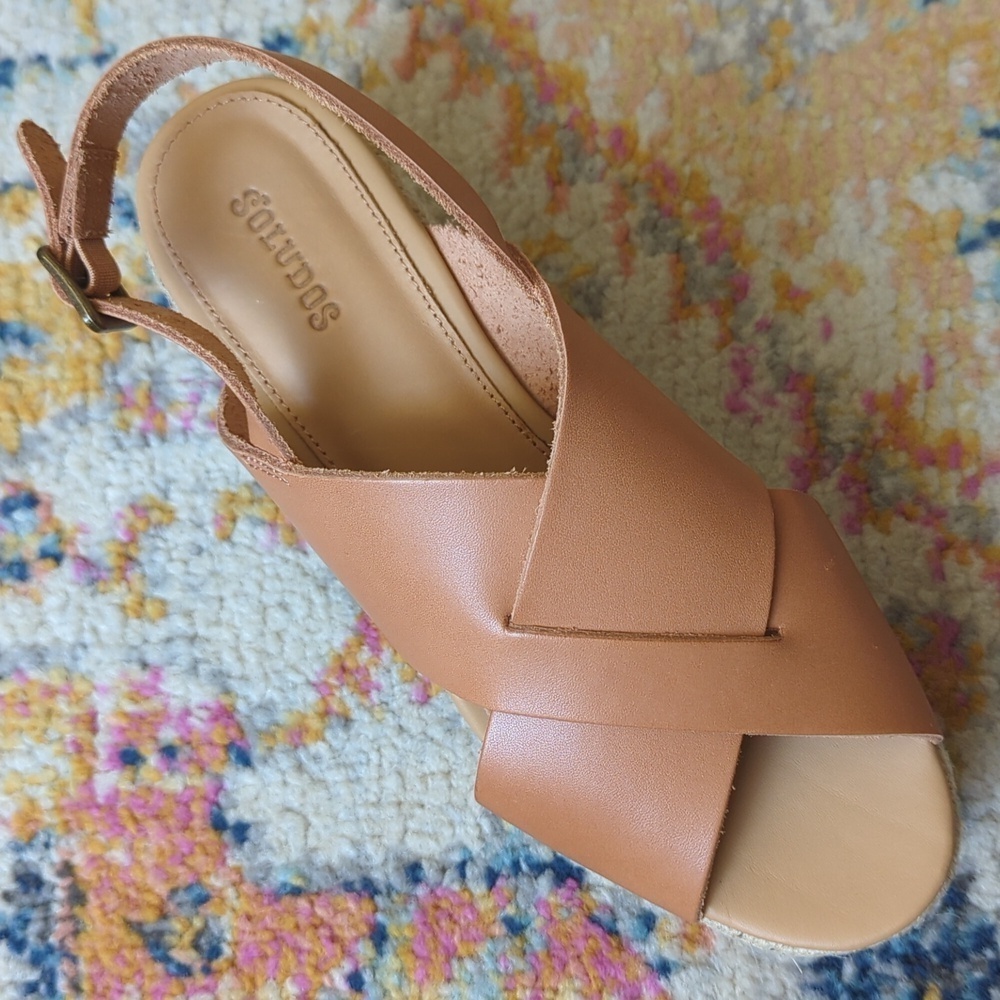 Soludos Amalfi Leather Criss Cross Espadrille Platform Heeled Sandals Nude Tan 7 - Picture 8 of 16